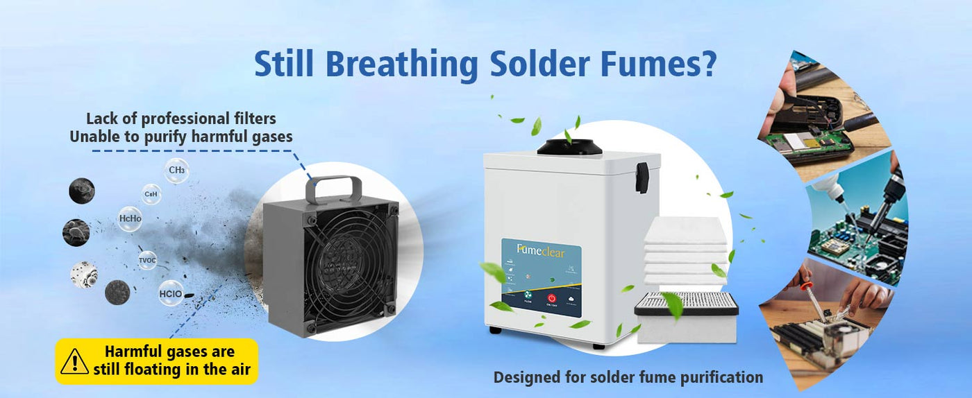 Protect your health from harmful solder fumes like VOCs and particulates with Fumeclear FC-2001A fume extractor, featuring professional filters that capture and purify smoke at desktop workstations.