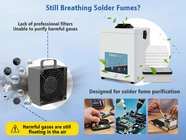 Protect your health from harmful solder fumes like VOCs and particulates with Fumeclear FC-2001A fume extractor, featuring professional filters that capture and purify smoke at desktop workstations.