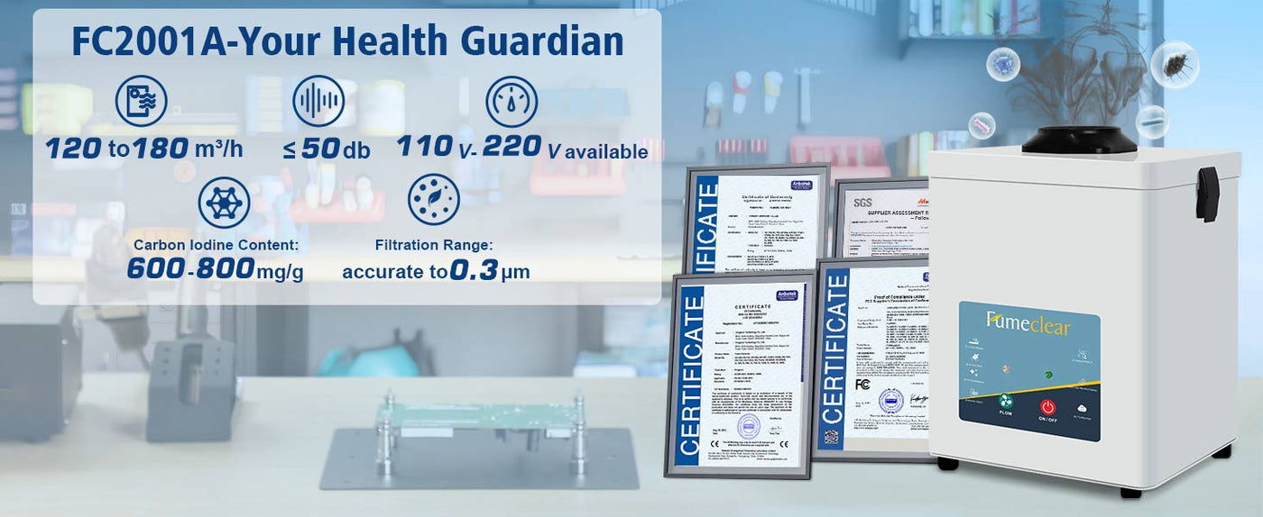 Fumeclear FC-2001A desktop fume extractor certifications including CE and others, with 0.3 micron filtration accuracy, 600-800mg/g carbon iodine value, ≤50dB low noise, and 110-220V wide voltage support.