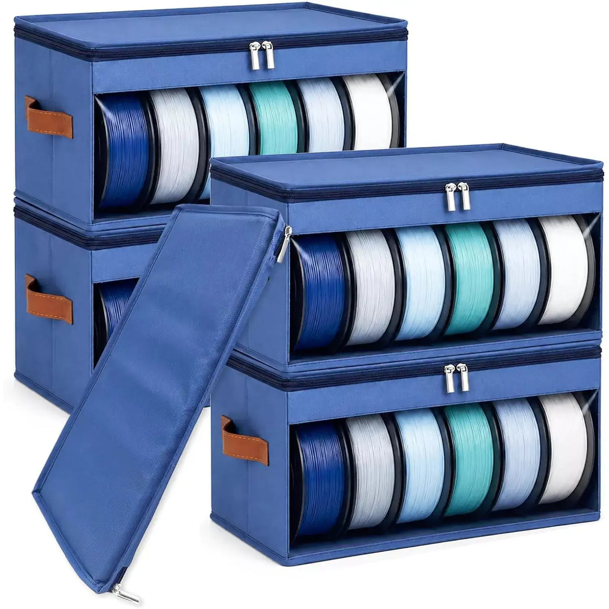 Four blue 3D printer filament storage bags stacked together, featuring clear front windows for spool visibility and reinforced side handles.
