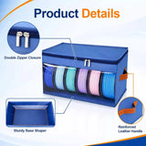 Product detail diagram highlighting double zipper closures, a sturdy bottom base shaper insert, and reinforced leather side handles on a blue filament storage box.
