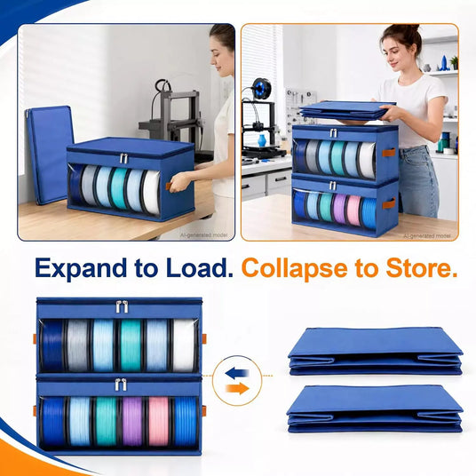 Demonstration showing the collapsible 3D printer filament bag expanding to hold spools and folding completely flat for easy storage.
