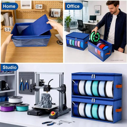 Multi-scenario demonstration showing the blue filament organizer box used in home, office, and studio settings beside an FDM 3D printer.