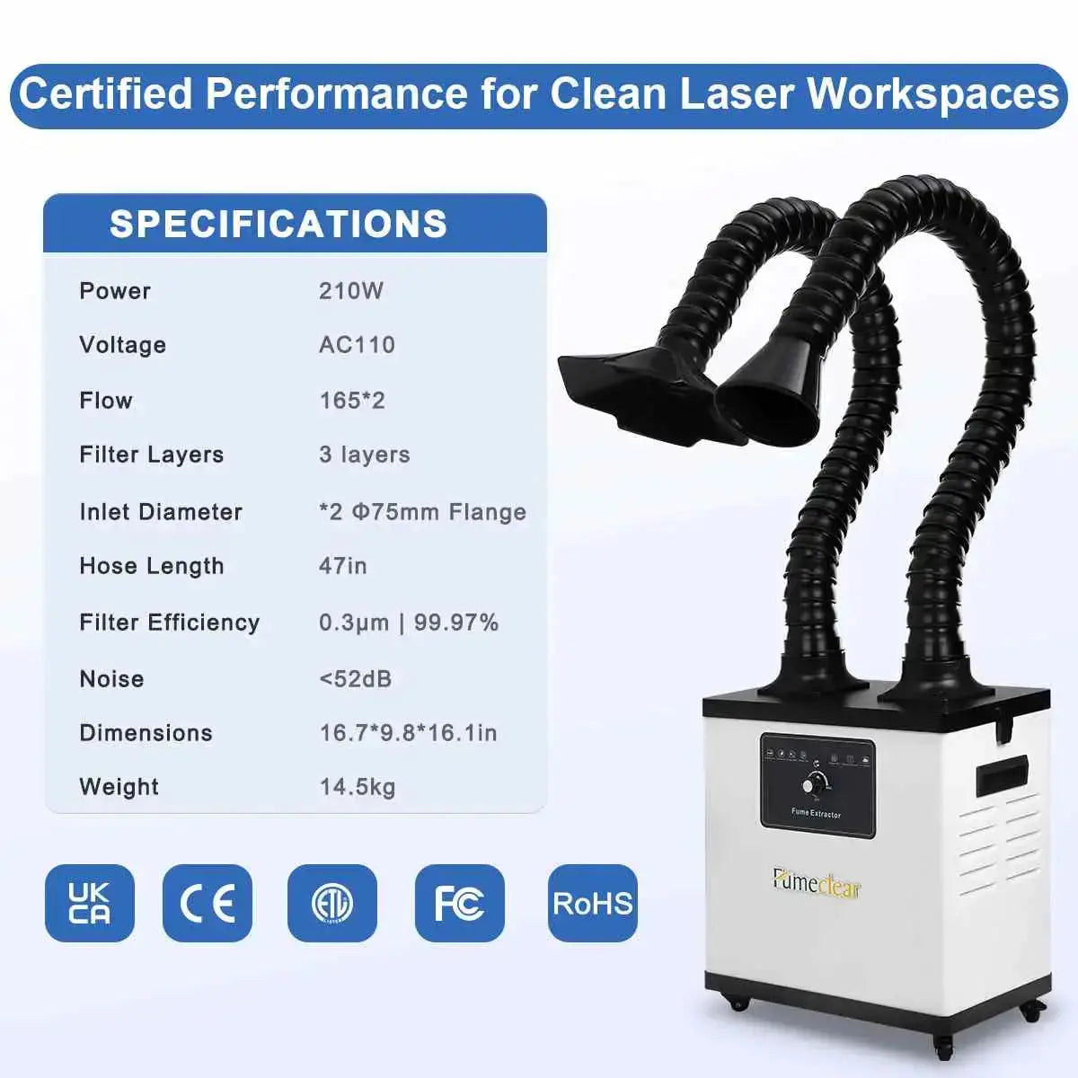 Fumeclear FC-1002A white fume extractor technical specifications