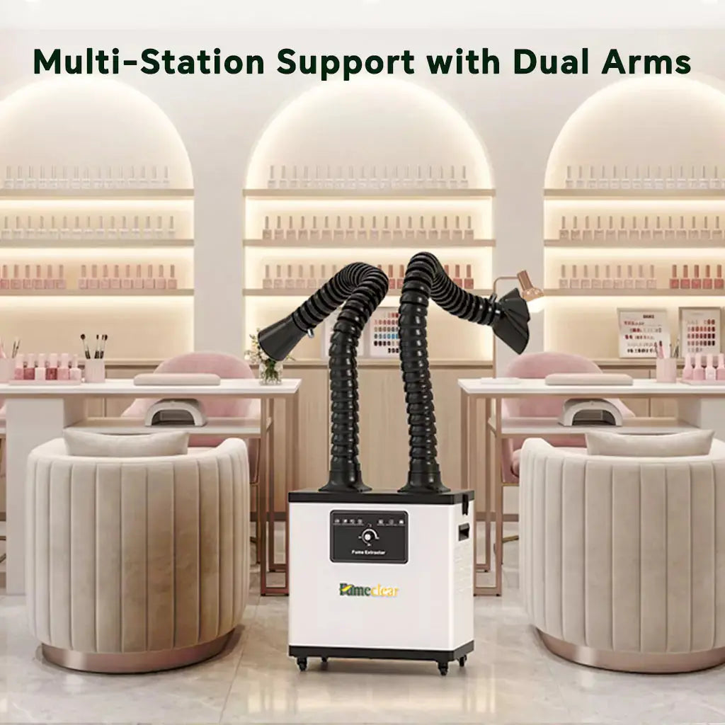 Fumeclear FC-1002A dual arm fume extractor supporting multiple nail stations in modern nail salon