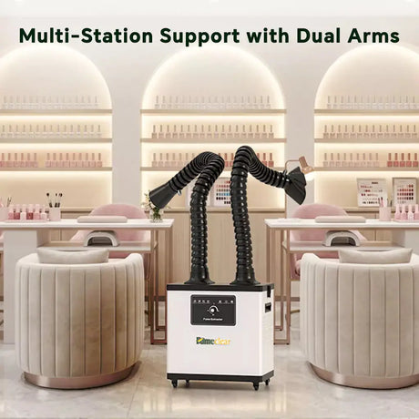 Fumeclear FC-1002A dual arm fume extractor supporting multiple nail stations in modern nail salon