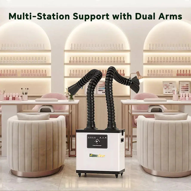Fumeclear FC-1002A dual arm fume extractor supporting multiple nail stations in modern nail salon