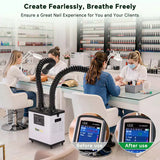 Fumeclear FC-1002A nail salon fume extractor in use with powerful dual arms capturing dust and fumes, showing clear air quality improvement before and after