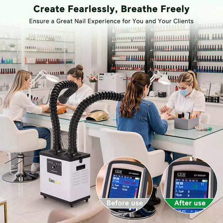 Fumeclear FC-1002A nail salon fume extractor in use with powerful dual arms capturing dust and fumes, showing clear air quality improvement before and after
