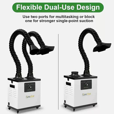 Fumeclear FC-1002A flexible dual-use design - use two arms for multi-tasking or block one for stronger single point suction