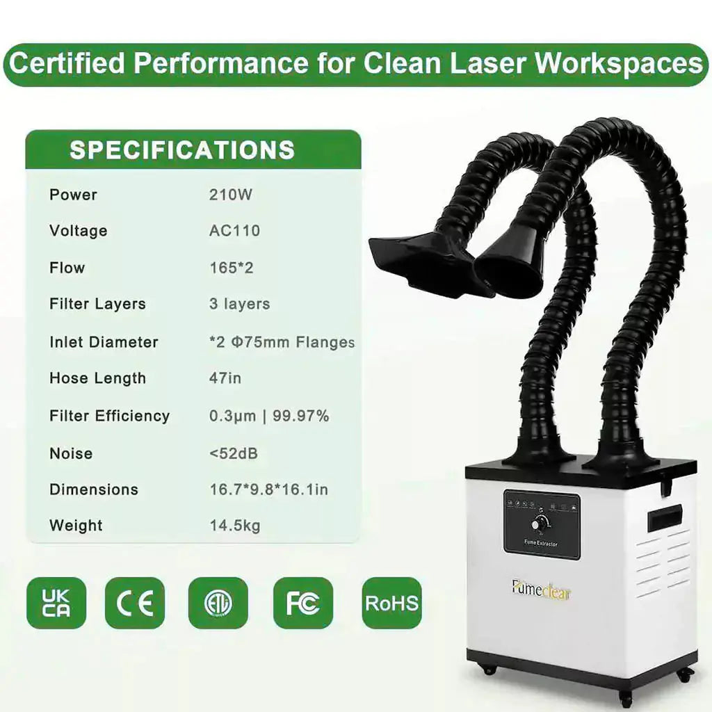 Fumeclear FC-1002A nail salon fume extractor specifications - 210W power, 3 layer H13 HEPA filter, ultra quiet <52dB, CE FCC RoHS certified