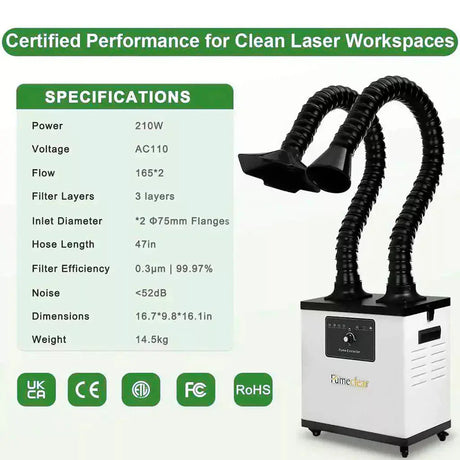 Fumeclear FC-1002A nail salon fume extractor specifications - 210W power, 3 layer H13 HEPA filter, ultra quiet <52dB, CE FCC RoHS certified