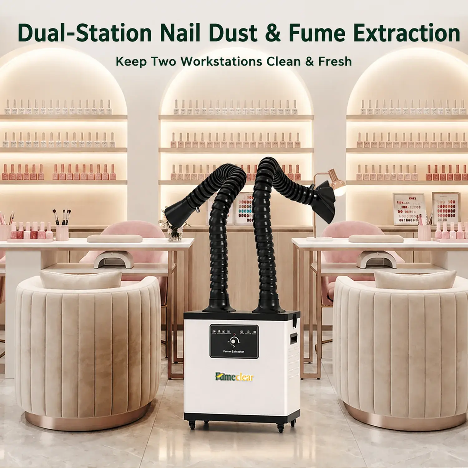 Fumeclear FC-1002A dual arm fume extractor supporting multiple nail stations in modern nail salon