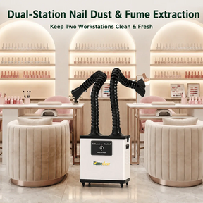 Fumeclear FC-1002A dual arm fume extractor supporting multiple nail stations in modern nail salon
