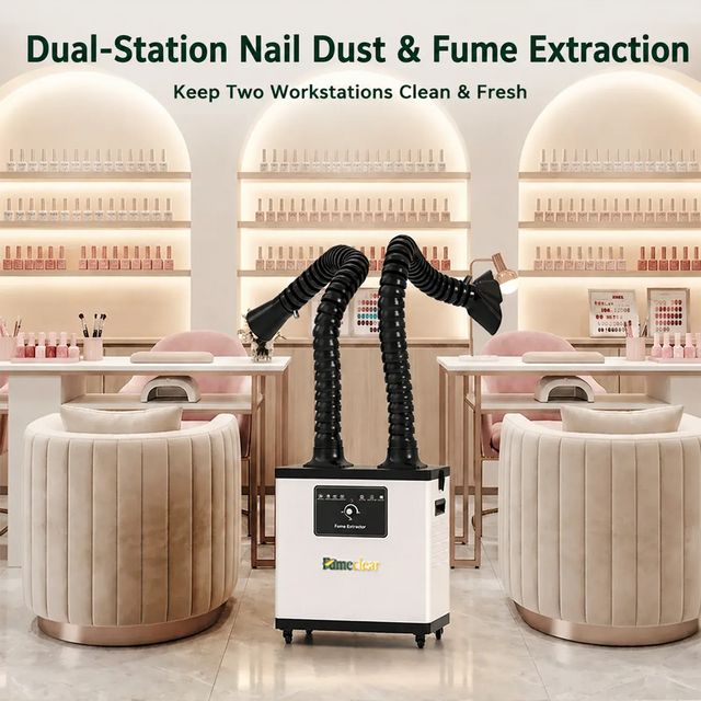 Fumeclear FC-1002A dual arm fume extractor supporting multiple nail stations in modern nail salon