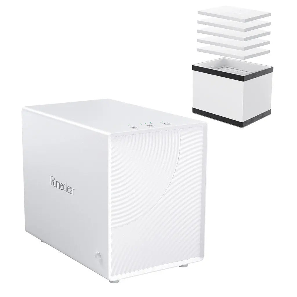 Fumeclear FC-2001X laser fume extractor with replaceable HEPA H13 and carbon filter layers shown separately