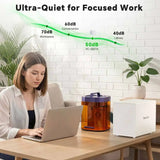 Fumeclear FC-2001X laser fume extractor ultra-quiet operation at 50dB for focused work, shown with woman using laptop in home office