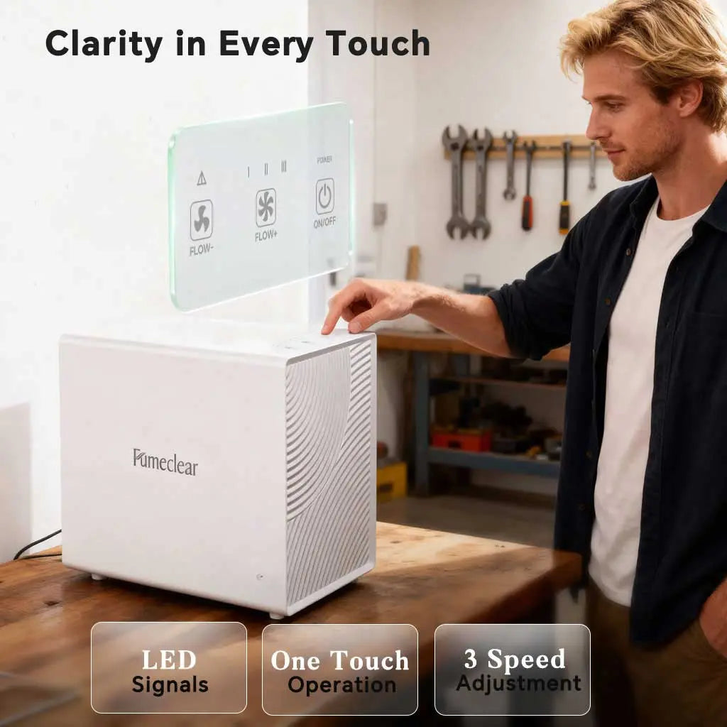 Fumeclear FC-2001X laser fume extractor with intuitive one-touch LED control panel and 3-speed adjustment