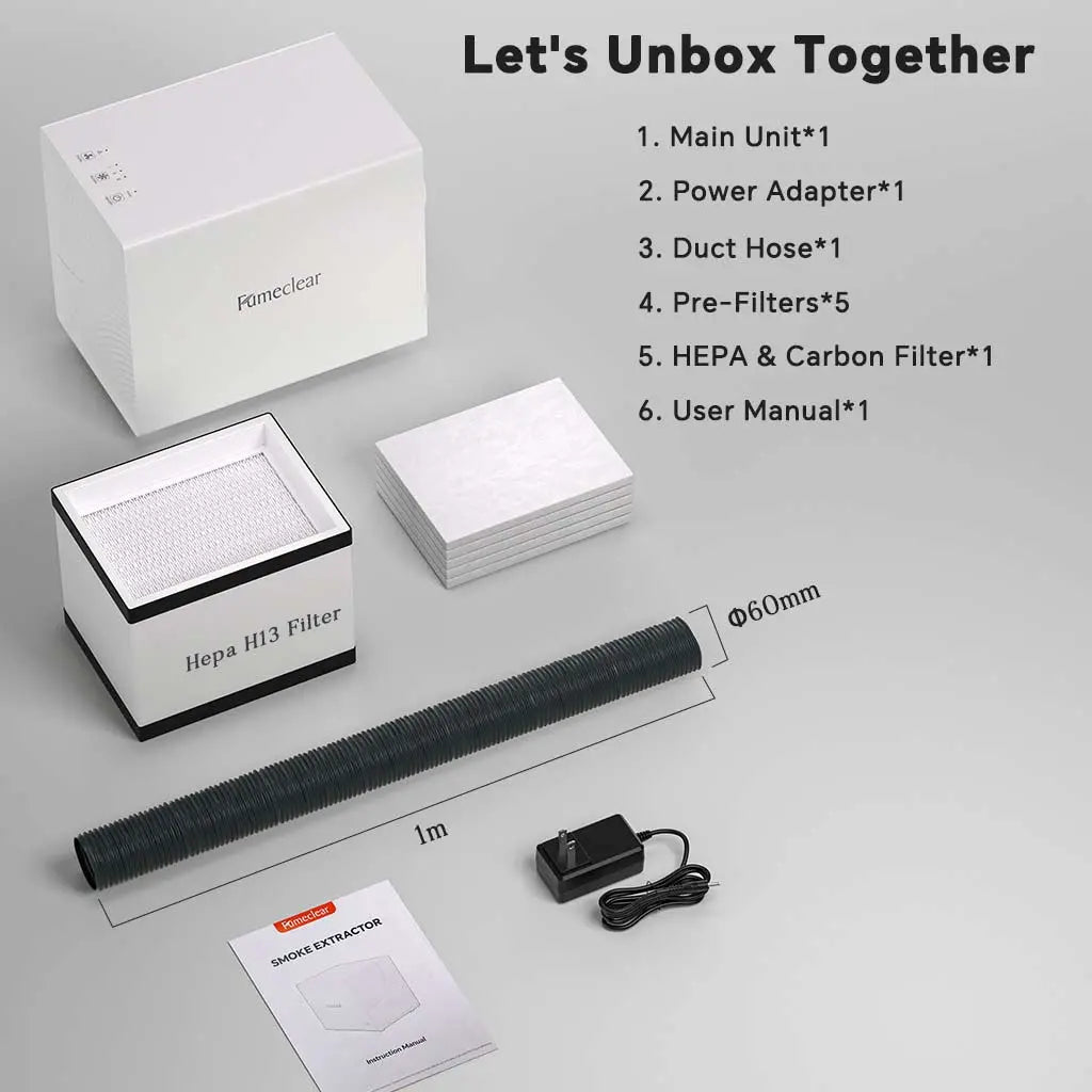 Fumeclear FC-2001X laser fume extractor unboxing contents: main unit, 1m Φ60mm duct hose, 5 pre-filters, HEPA H13 filter, power adapter and manual