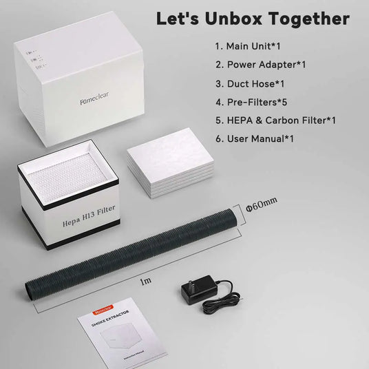 Fumeclear FC-2001X laser fume extractor unboxing contents: main unit, 1m Φ60mm duct hose, 5 pre-filters, HEPA H13 filter, power adapter and manual