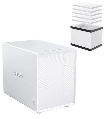 FumeClear FC-2001X desktop laser fume extractor with exploded view of triple-stage filtration: pre-filter, HEPA H13, and activated carbon layers for 99.97% smoke and odor removal.