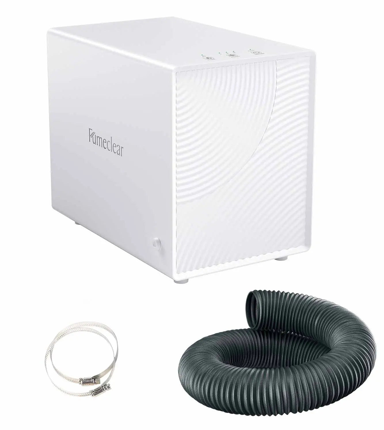 FumeClear FC-2001X compact laser fume extractor in white with included Φ60mm duct hose and clamps for sealed smoke extraction on laser engravers.