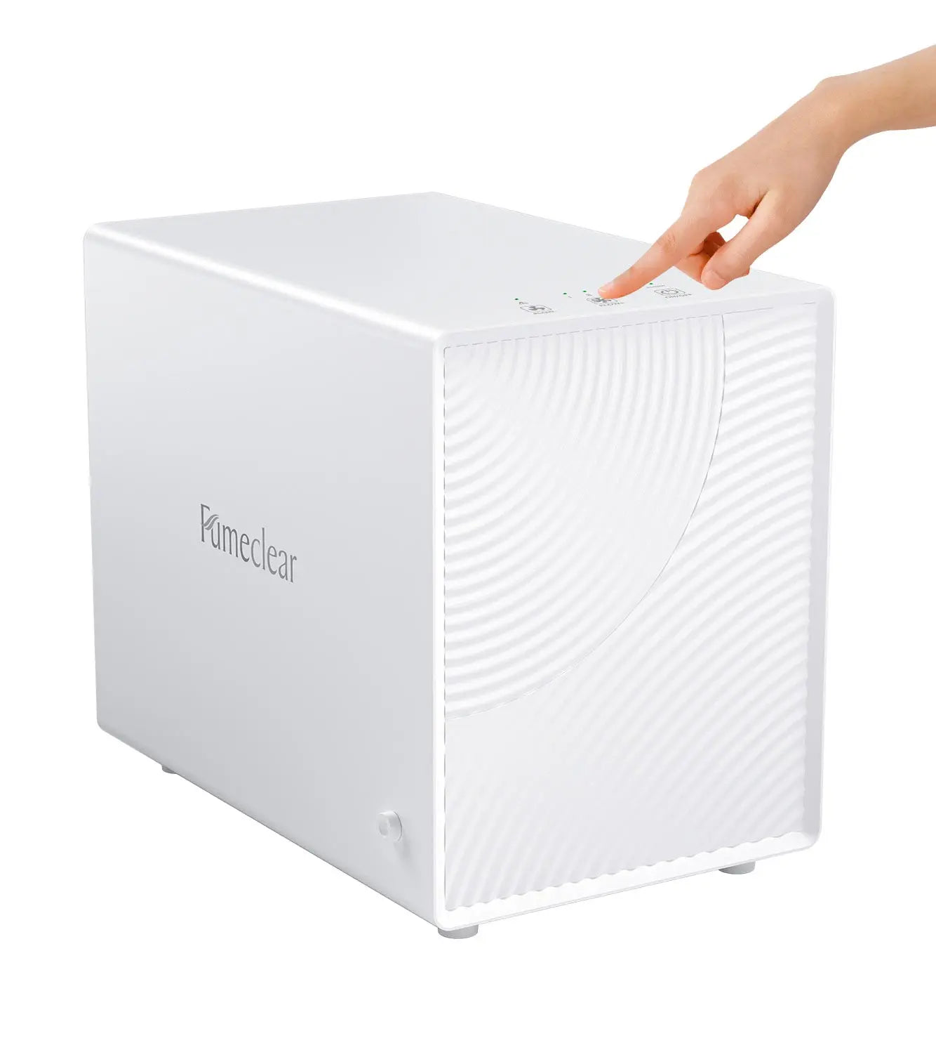 Close-up of FumeClear FC-2001X laser smoke purifier showing intuitive touch-sensitive controls and real-time LED indicators for easy suction adjustment.