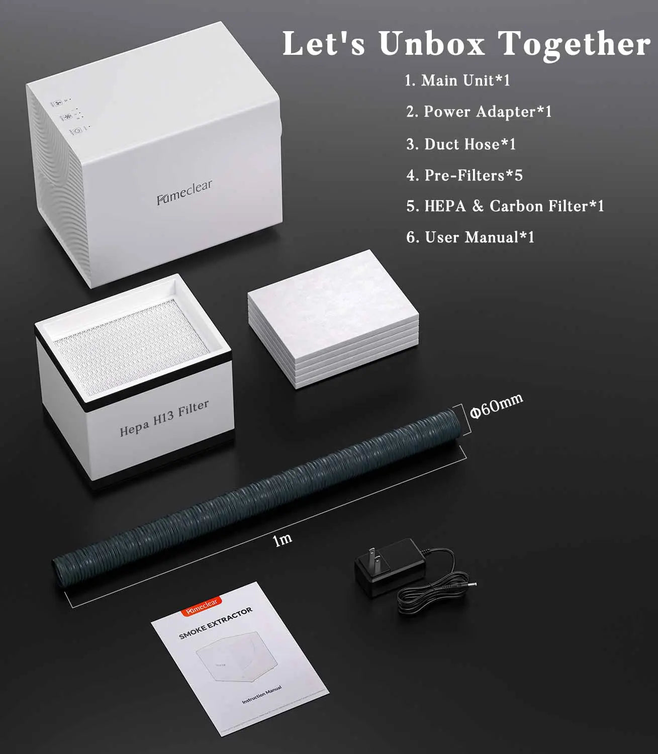 What's in the box: FumeClear FC-2001X laser fume extractor main unit, power adapter, Φ60mm duct hose, 5 pre-filters, combined HEPA & activated carbon filter, and user manual