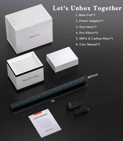 What's in the box: FumeClear FC-2001X laser fume extractor main unit, power adapter, Φ60mm duct hose, 5 pre-filters, combined HEPA & activated carbon filter, and user manual