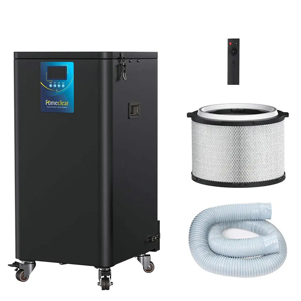 Fumeclear FC-700 professional dust collector with HEPA filter, remote control, retractable hose and round hood for workshop dust extraction