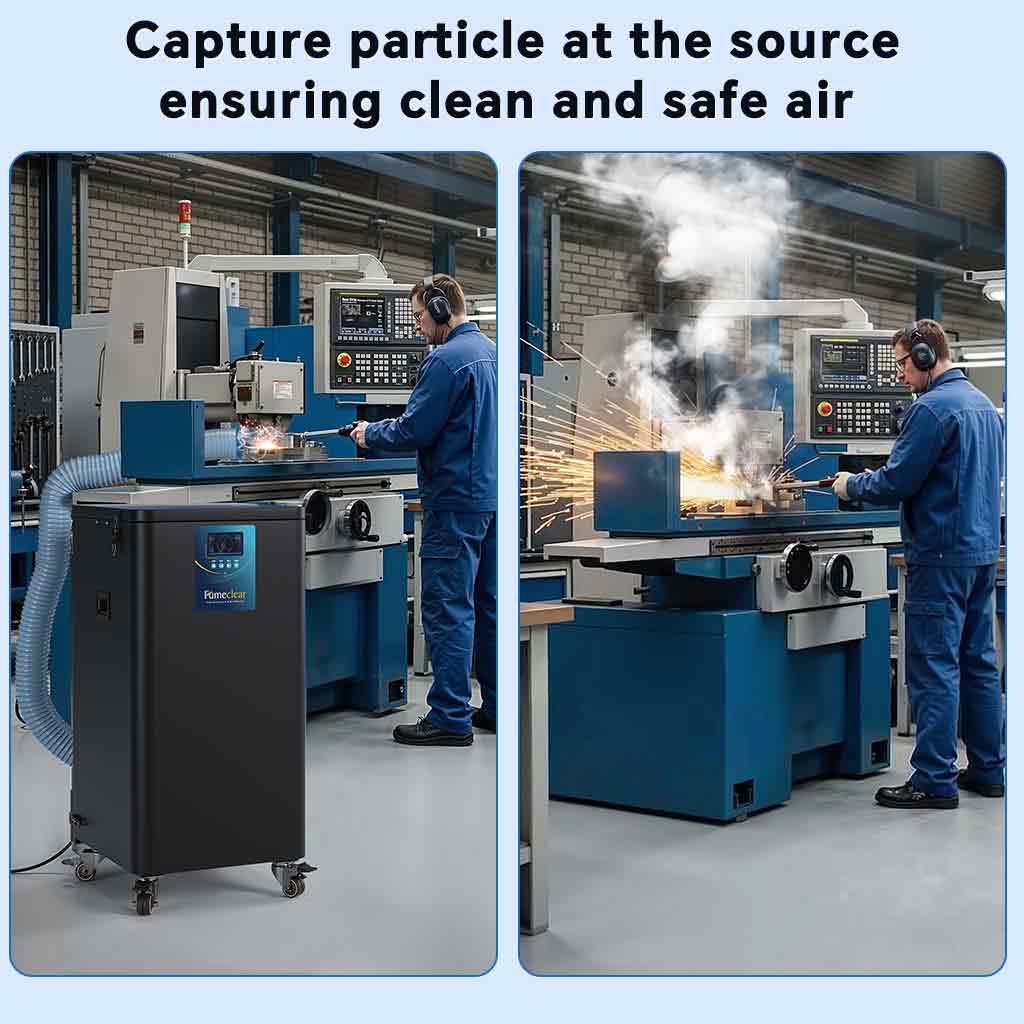 Fumeclear FC-700 dust collector capturing welding fumes and grinding sparks in professional workshop, ensuring clean and safe air