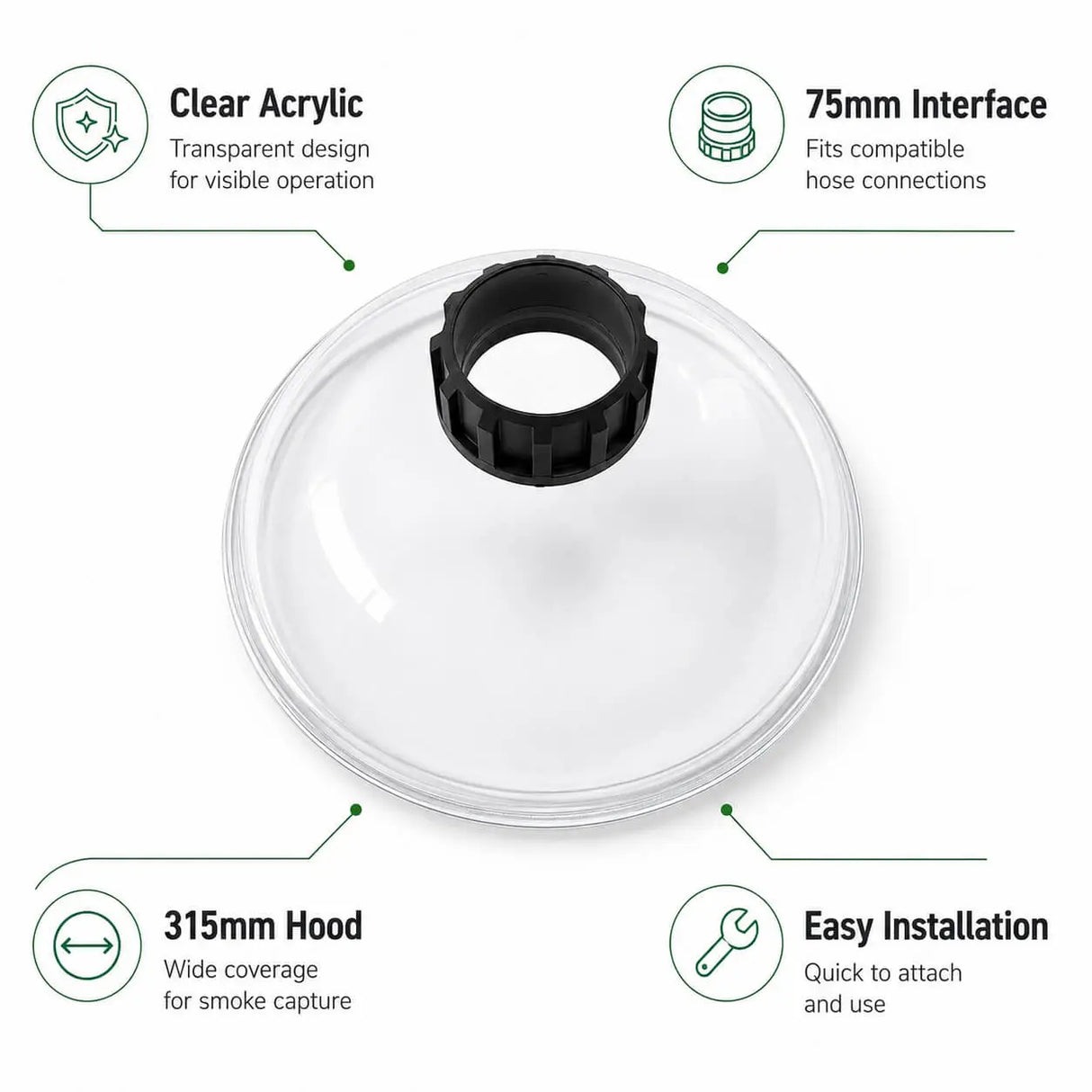 FumeClear® Acrylic Round Hood Φ75mm*315mm for FC-1001A/FC-1002A Fume Extractor – Clear Smoke Capture Nozzle