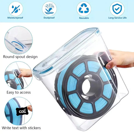 Fumeclear 3D printer filament dryer box with moisture proof, dustproof and reusable design, round spout for easy filament feeding