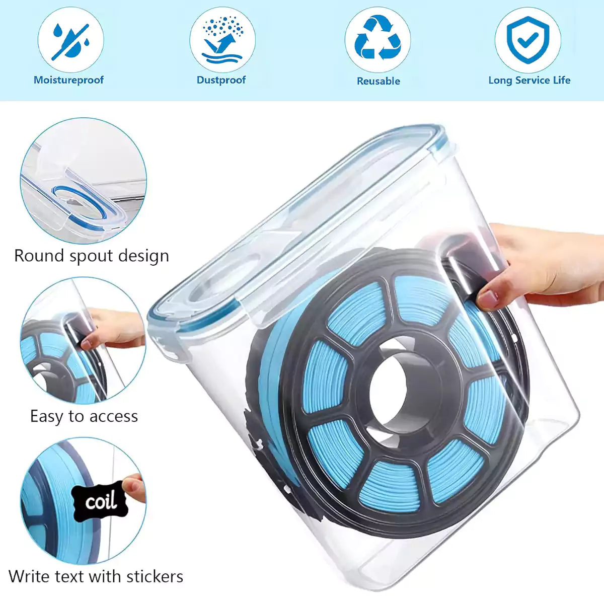 Fumeclear 3D printer filament dryer box with moisture proof, dustproof and reusable design, round spout for easy filament feeding