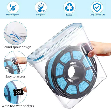 Fumeclear 3D printer filament dryer box with moisture proof, dustproof and reusable design, round spout for easy filament feeding