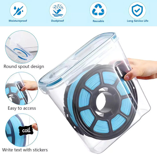 Fumeclear 3D printer filament dryer box with moisture proof, dustproof and reusable design, round spout for easy filament feeding