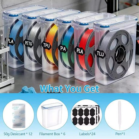 fumeclear filament dryer box set what you get: 6 dry boxes, 12 desiccant packs, 24 labels and pen