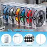 fumeclear filament dryer box set what you get: 6 dry boxes, 12 desiccant packs, 24 labels and pen