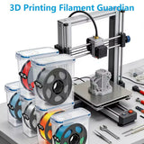fumeclear filament dryer boxes with PLA, TPU, PETG filament next to 3D printer, keep filament dry while printing