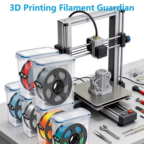 fumeclear filament dryer boxes with PLA, TPU, PETG filament next to 3D printer, keep filament dry while printing