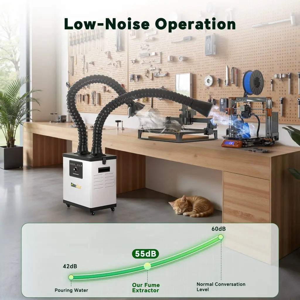 Low-Noise Fume Extractor for Workshop with Decibel Comparison