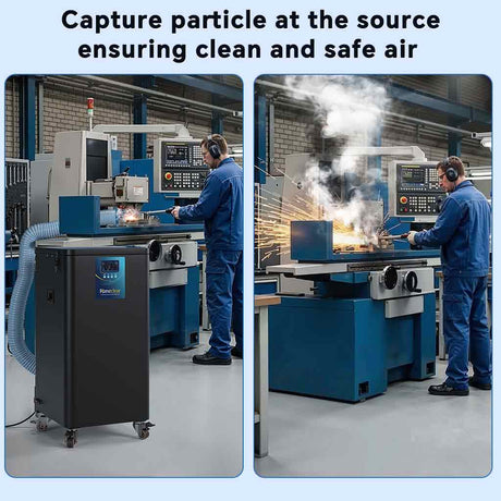 Fumeclear FC-700 dust collector capturing welding fumes and grinding sparks in professional workshop, ensuring clean and safe air