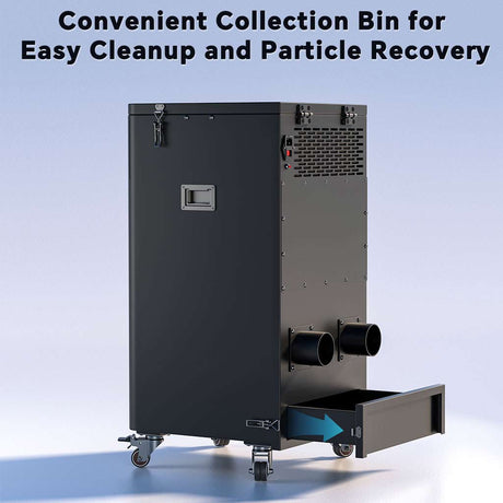 Fumeclear FC-700 dust collector with convenient slide-out collection bin for easy cleanup and metal particle recovery