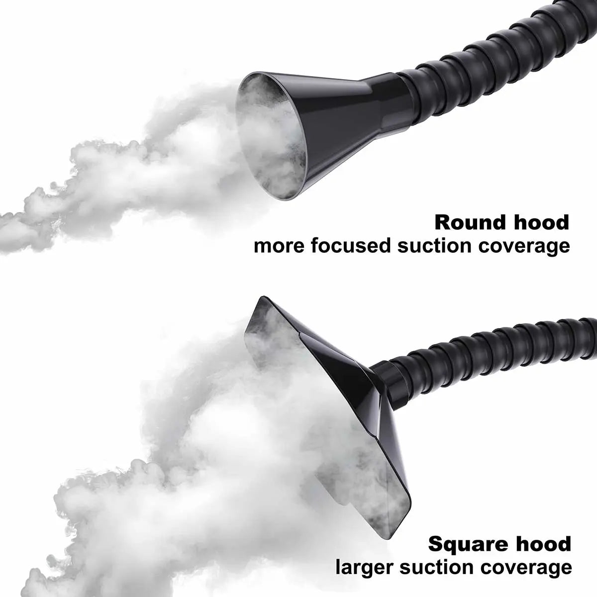 Fumeclear silicone round and square hood set showing focused and wide suction coverage for fume extraction