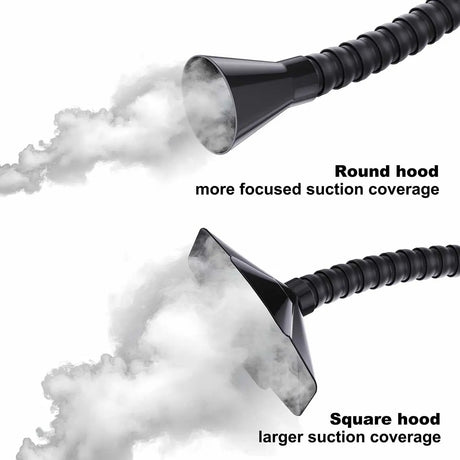 Fumeclear silicone round and square hood set showing focused and wide suction coverage for fume extraction
