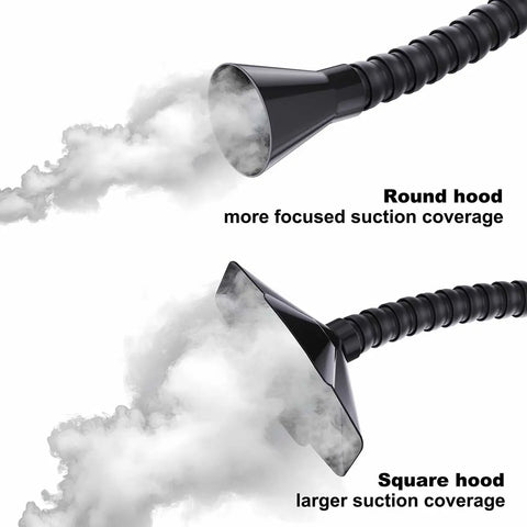 Fumeclear silicone round and square hood set showing focused and wide suction coverage for fume extraction