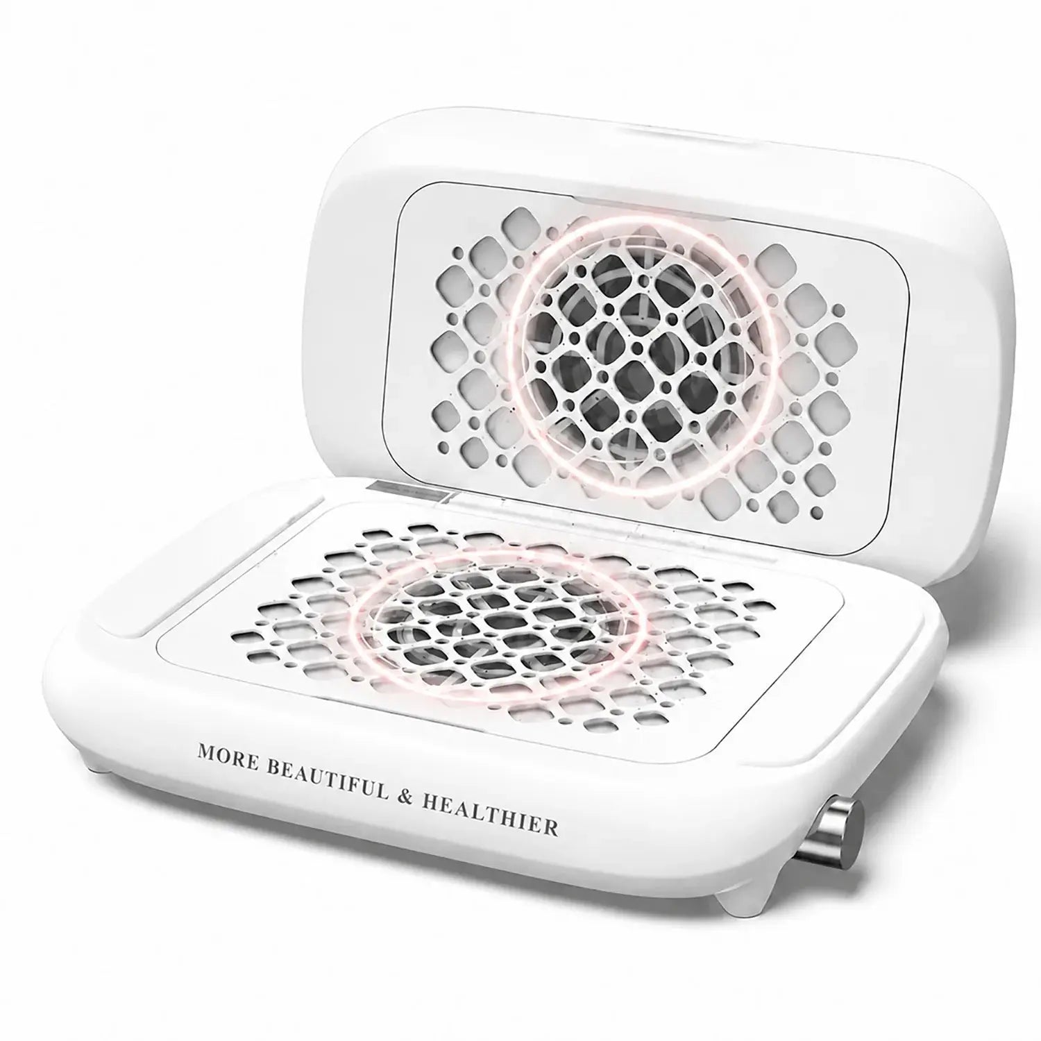 FUMECLEAR Foldable Nail Dust Collector with powerful dual fan suction and glowing airflow visualization