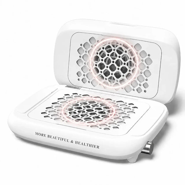 FUMECLEAR Foldable Nail Dust Collector with powerful dual fan suction and glowing airflow visualization