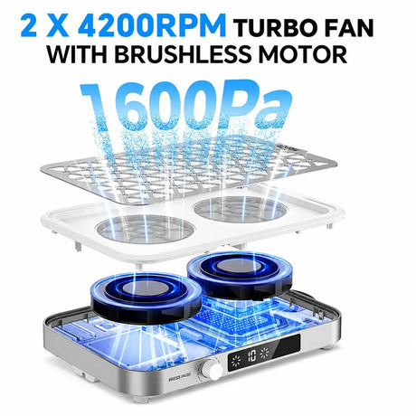 FUMECLEAR FC-G6 Nail Dust Collector 1600Pa with 2x 4200RPM Brushless Turbo Fan, Professional Manicure Dust Vacuum Extractor with Double Filter System