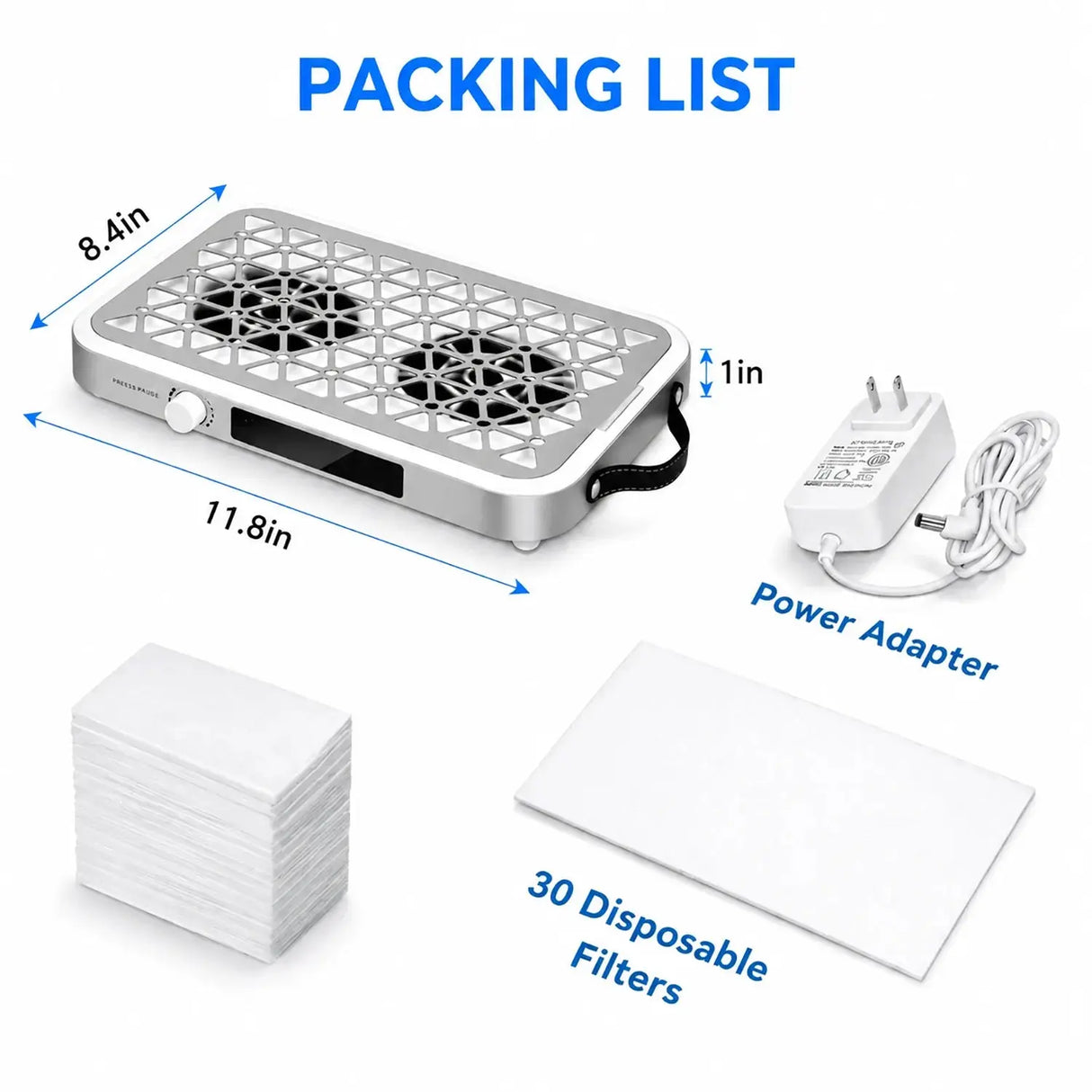 FUMECLEAR FC-G6 Nail Dust Collector Complete Packing List - Includes 30 Disposable Filters, Power Adapter and Main Unit with Dimensions